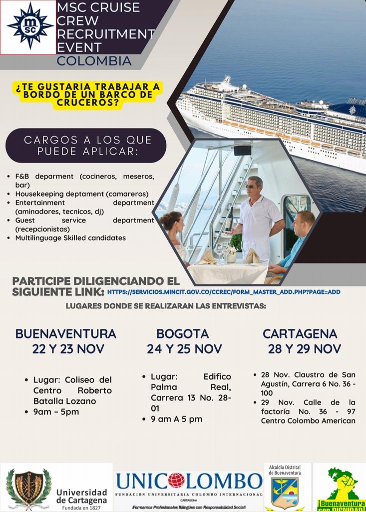 Por medio de este enlace: servicios.mincit.gov.co/ccrec/form_mas…

Compartimos a las personas que estén interesados para inscribirse en la convocatoria para trabajar  en cruceros.

#BuenaventuraConDignidad ✊🏾