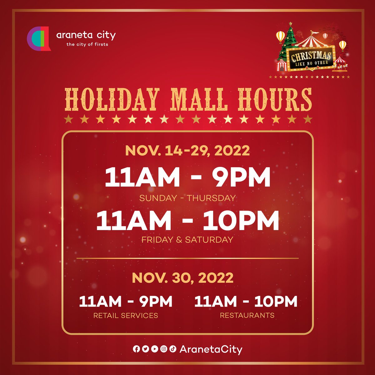 AranetaCity's tweet photo. 📣 Heads up Araneta City-zens! Spend your Christmas shopping with us and take note of the new mall hours starting next week! 🛍️

Experience a Christmas shopping like no other here at the #CityofFirsts! ⭐️

#ChristmasLikeNoOther #AranetaCity https://t.co/3Xhp18vSaU