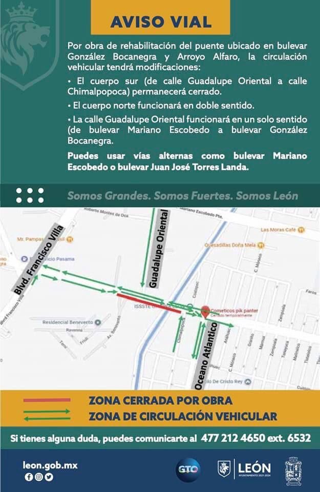 ⚠️ ATENCIÓN LEÓN⚠️

A partir de este lunes 14 de noviembre, toma tus precauciones y considera las siguientes modificaciones a la circulación por la obra de Rehabilitación del Puente ubicado en Bocanegra y Arroyo Alfaro en la colonia Azteca👇