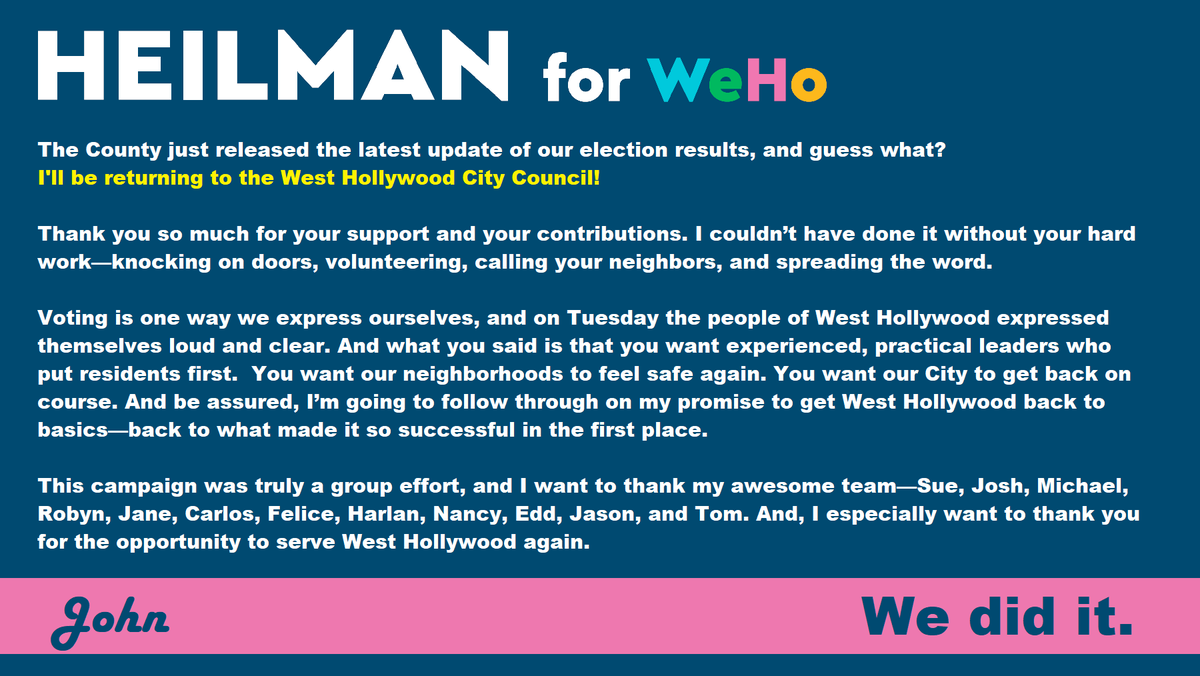 jheilmanweho's tweet photo. We did it. Thanks to you all. 👊 #WestHollywood https://t.co/yleyrOFsOo