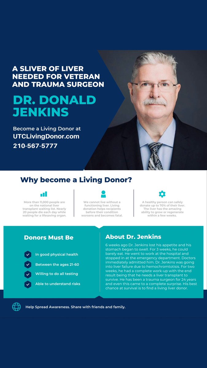 UTHealthSASurg's tweet photo. It is with great sadness and hope that we share this post with you ! We are grateful to Dr. Jenkins for all of his contribution to the field of Trauma. As we approach the season of thanksgiving, we pray that a sliver of liver finds its way to him. 

#MedTwitter #VeteransDay2022 https://t.co/b14Y1tmCxN