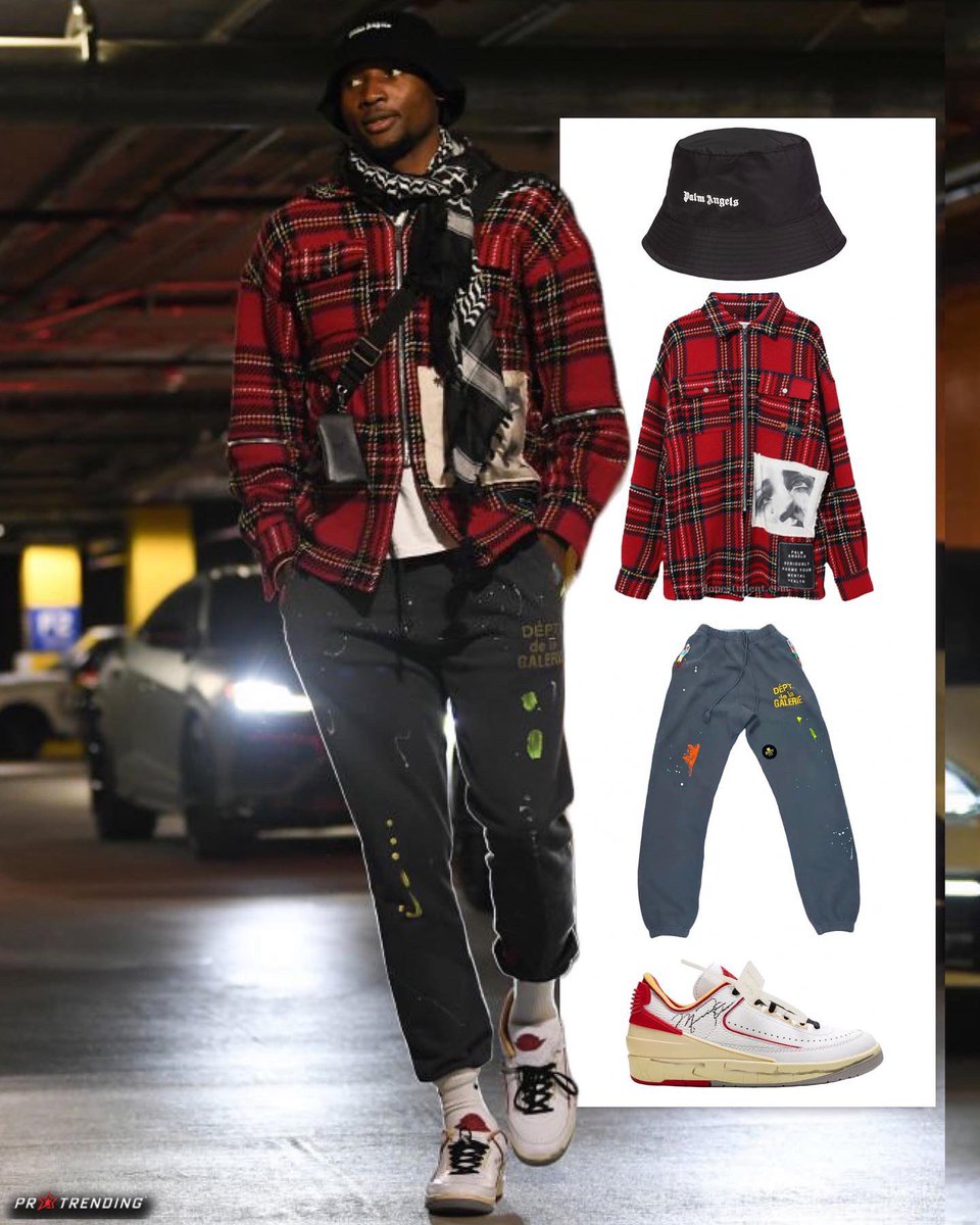 Protrending's tweet photo. #JonathanKuminga arriving Friday night ahead of #Warriors x #Cavs game styling in a #PalmAngels bucket hat &amp; flannel, paired with #GalleryDept sweatpants, and #AirJordan2 x #OffWhite sneakers. 
#protrending #stylelikeapro #nbastyle
(📷 @warriors) https://t.co/aUCvahygNF