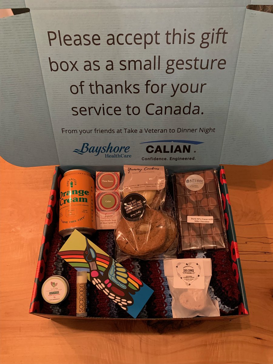 Veterans_Dinner's tweet photo. Thank you to @bayshore_health and @CalianGroup for their continued support. This year's gift boxes for veterans are filled with amazing items from local and/or indigenous-owned businesses. We will finish up deliveries across the National Capital Region in the coming days. https://t.co/0m3Z8jtSOO