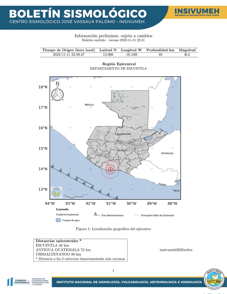 BOLETÍN SISMOLÓGICO 
Sismo registrado, región epicentral: 
Departamento de Escuintla 
11 de noviembre 2022.

#INSIVUMEH, Desarrollo geocientífico para todos. #SomosINSIVUMEH #Guatemala #TemblorGt #SismoGt