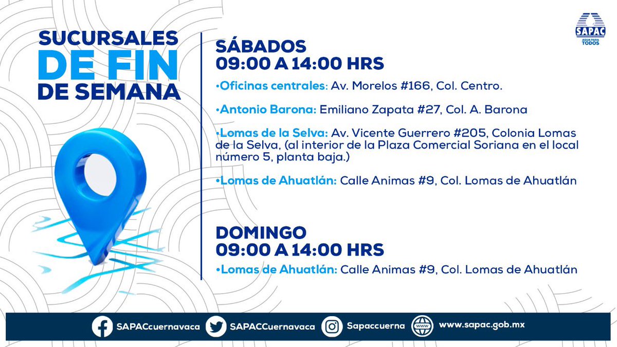 SAPACuernavaca's tweet photo. 🔸Si quieres pagar tu recibo en fin de semana, aquí te decimos las sucursales en las que puedes realizarlo ↘ https://t.co/blw22KYMOs
