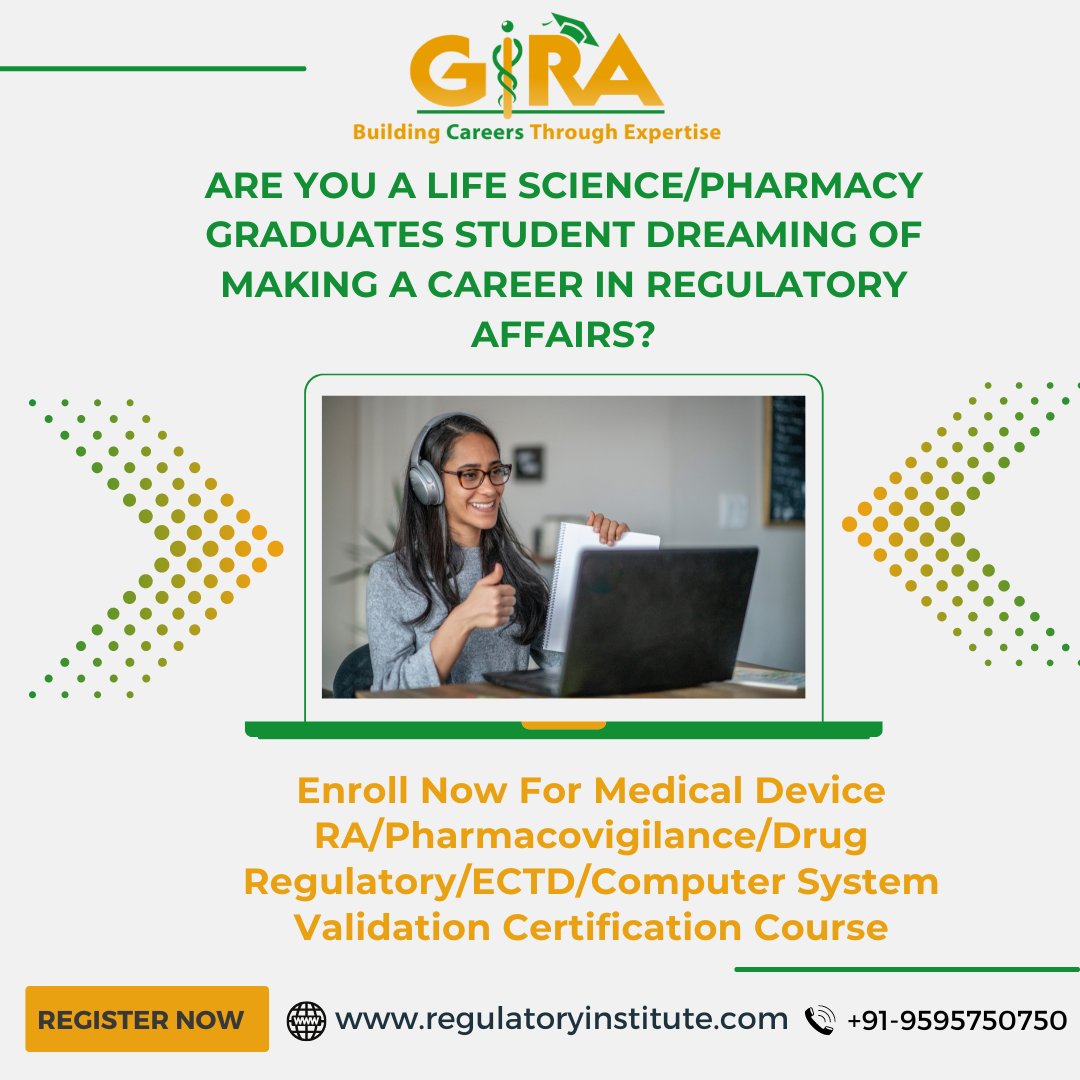 Are you a Life Science/Pharmacy Graduates student dreaming of making a career in regulatory affairs?
Medical Device RA/Pharmacovigilance is a great career option to start...
More info:bit.ly/3sZQbEc
#girapune #regulaatorycoursesinpune
#regulatorytraining #pharmacist