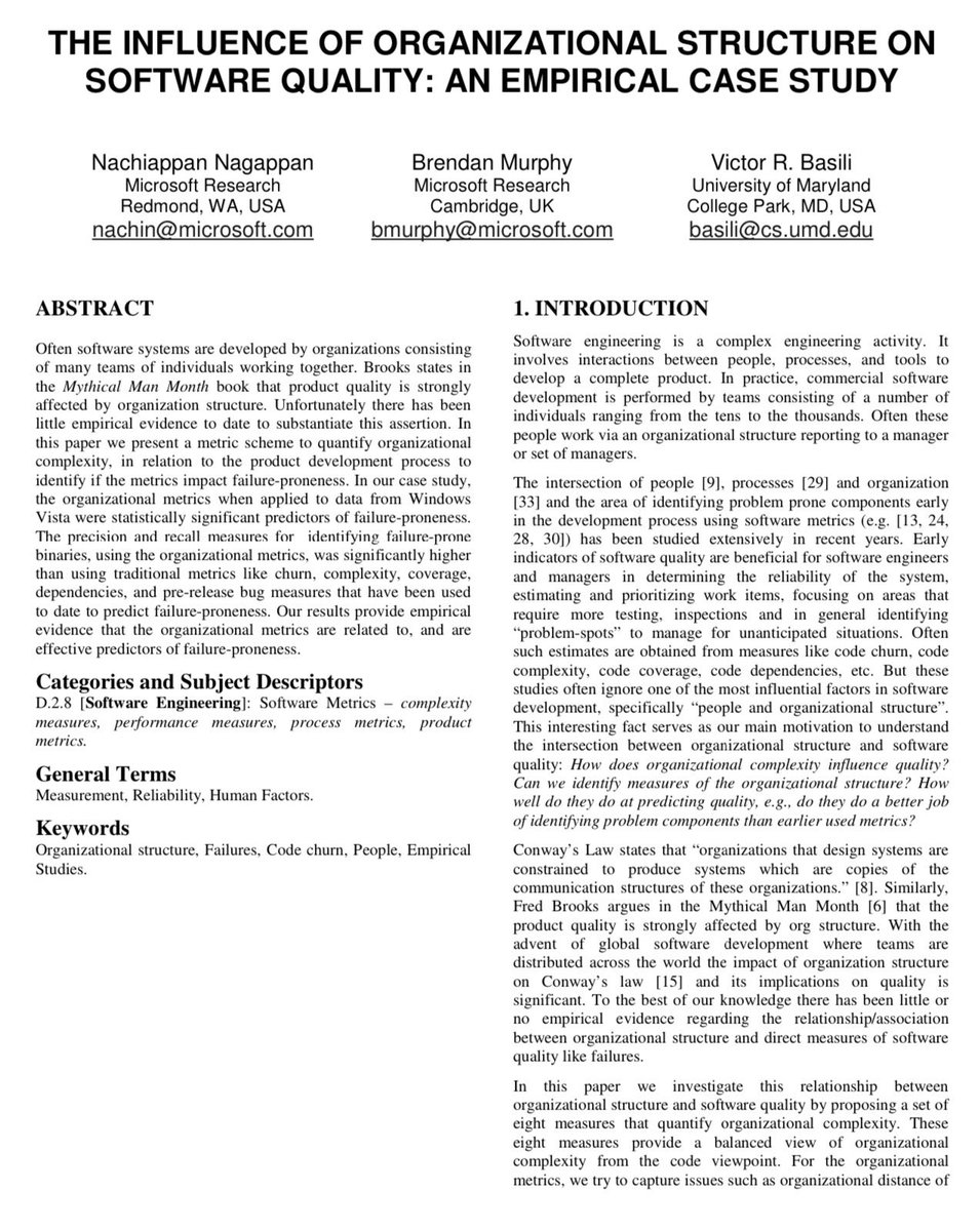 The best way to ensure good code is to have a good organization.

This paper from Microsoft looking at 50M lines of code found that organizational factors were far more powerful in explaining the number of bugs than any technical aspect of the project. microsoft.com/en-us/research…