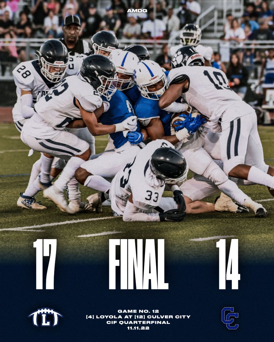 LoyolaFB's tweet photo. FINAL | [4] Loyola 17, [12] Culver City 14

𝘾𝙊𝙈𝙀𝘽𝘼𝘾𝙆 𝘾𝙊𝙈𝙋𝙇𝙀𝙏𝙀. The Cubs score 14 unanswered in the 4Q and the defense pitches a second half shutout on the road to send Loyola to the CIF Semifinals!

#LoyolaFootball | #GoCubs https://t.co/hPfSPZz8v8