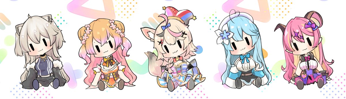 momosuzu nene ,omaru polka ,shishiro botan ,yukihana lamy animal ears fox girl multiple girls fox ears horns blonde hair grey hair  illustration images