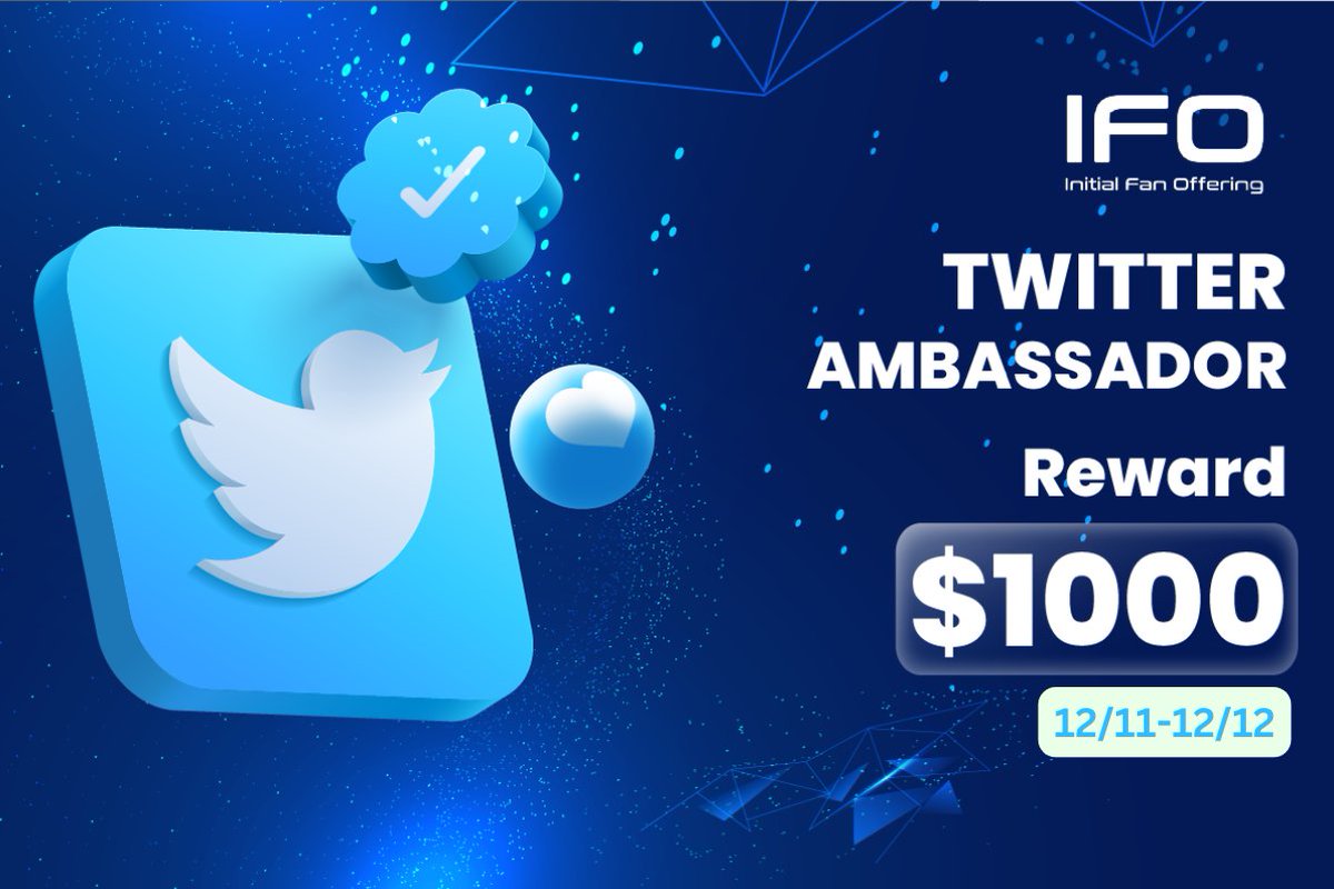 IFO TWITTER AMBASSADOR ANNOUNCEMENT
🔥 Prize Pool 1,000 $
We welcome global crypto enthusiasts who have:
✅ 1000 followers and above on Twitter.
✅ Twitter account is at least 3-month old and crypto-bio

👉Register at: forms.gle/cNmi1g5FjiMWuF… 
#IFO #ILAP #Ambassador #Crypto