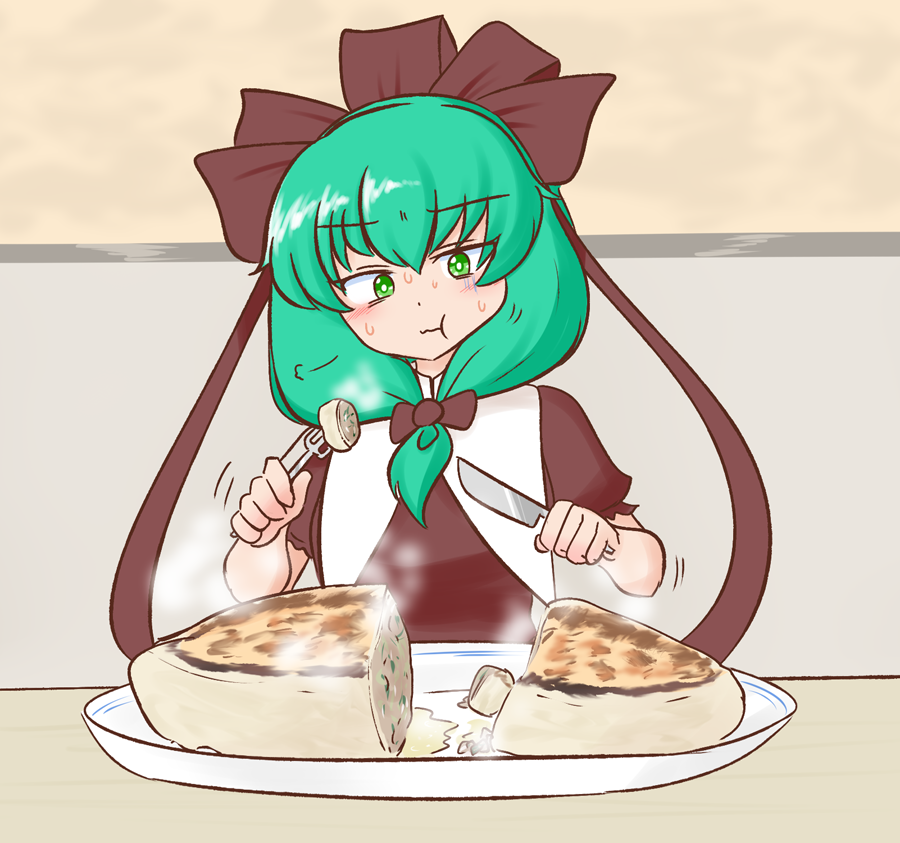 鍵山雛 「skebご依頼で描きました ジャンボ餃子に挑戦する雛ちゃん 」|いすぃのイラスト