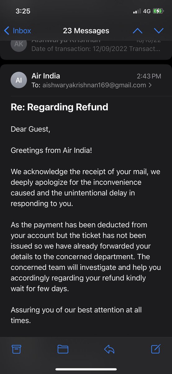 AishKrishnan's tweet photo. @airindiain Received this for the 20th time today. Stop lying about the refund or fix your customer support system https://t.co/duuPGx8WLW