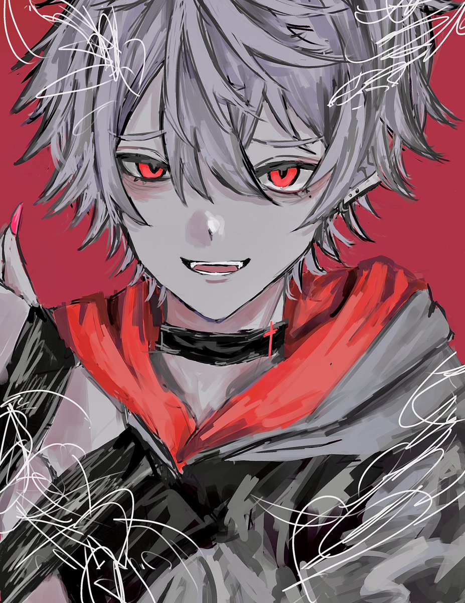 kuzuha (nijisanji) 1boy male focus red eyes solo pointy ears mole under eye red background  illustration images