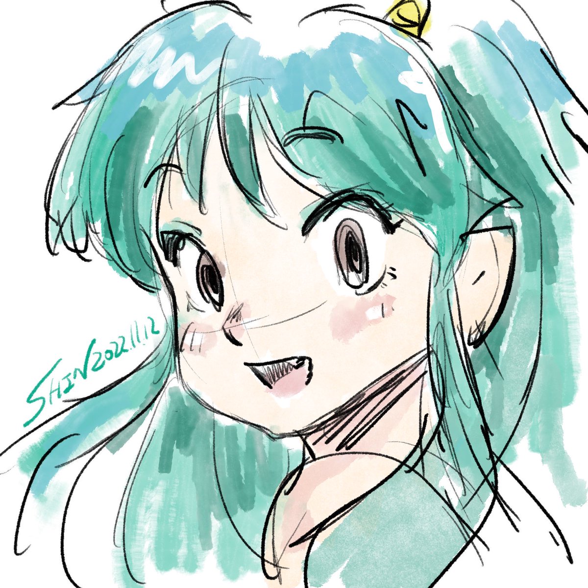 lum 1girl solo horns long hair smile open mouth green hair  illustration images