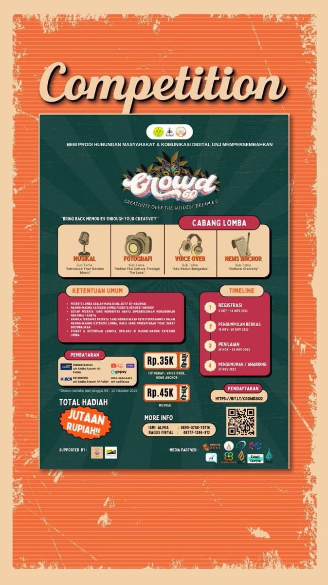 mediaevent__'s tweet image. [🏅ARE YOU READY FOR CREATIVITY OVER THE WILDEST DREAM SEASON 6.0?🏅]

Segera registrasikan diri kalian selagi ada diskon yang berlaku dari tanggal 05 - 10 Oktober 2022 jangan lewatkan kesempatan ini! Total hadiahnya juga jutaan rupiah loh🤩 

al #lombakomunikasi #perlombaan