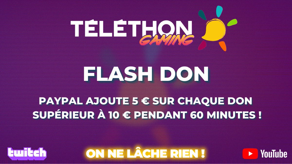 Téléthon Gaming (@gamingtelethon) on Twitter photo #TéléthonGaming : FLASH DON ! 🚨
<a href="/PayPalFrance/">PayPalFrance</a> ajoute 5 € sur chaque don supérieur à 10 € pendant 60 minutes !
Faites un don : bit.ly/TelethonGaming…
Suivre le stream : linktr.ee/telethongaming
On ne lâche rien ! 🔥 #TéléthonGaming : FLASH DON ! 🚨
<a href="/PayPalFrance/">PayPalFrance</a> ajoute 5 € sur chaque don supérieur à 10 € pendant 60 minutes !
Faites un don : bit.ly/TelethonGaming…
Suivre le stream : linktr.ee/telethongaming
On ne lâche rien ! 🔥