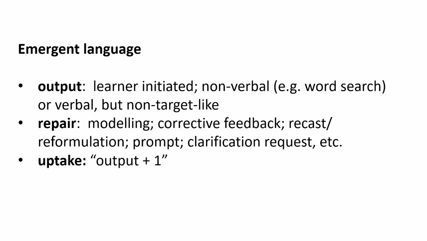 Scott Thornbury's definition #emergentlanguage at @ihworld conference: 'learner-initiated language generated in the course of meaning-focused in which is available for directed attention and/or potential appropriation'
