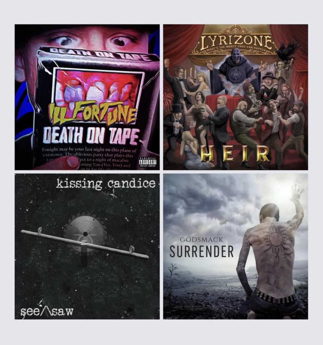 New music has been added to “The Underground” <a href="/Spotify/">Spotify</a> playlist!
@ILLFortuneMusic / Death On Tape 
@thereallyrizone / Heir
<a href="/Kissing_Candice/">Kissing Candice</a> / See Saw
<a href="/godsmack/">Godsmack</a> / Surrender 
Listen 👉 spoti.fi/3ME29h2 #illfortune #lyrizone #kissingcandice #godsmack #spotify