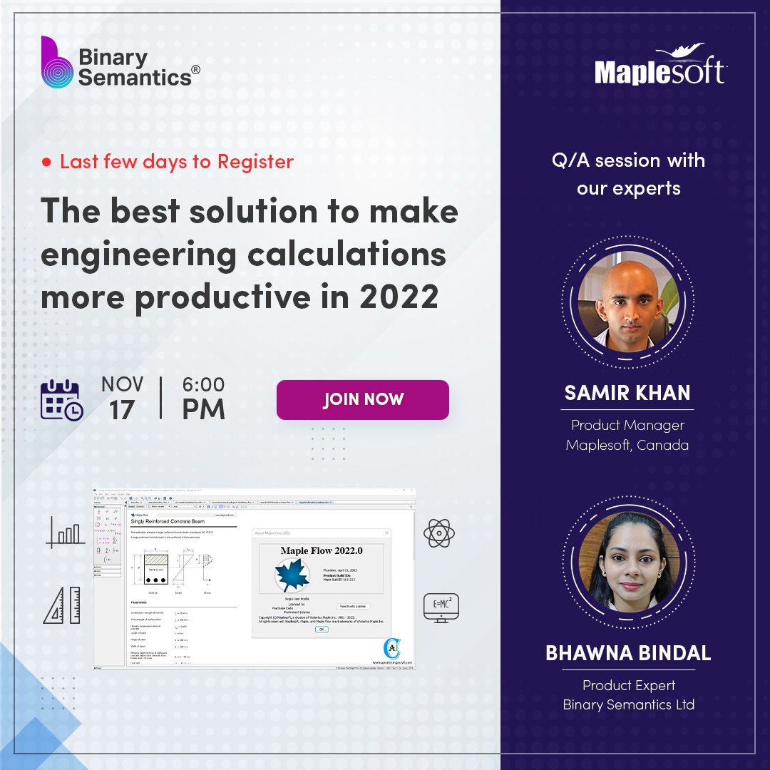 BinarySemantic's tweet image. This is happening on Nov 17, 2022, at 6:00 p.m. Don’t miss this!
Join Samir Khan & Bhawana Bindal for an interactive discussion on how to improve your mathematical calculations.
We are awaiting your participation via the link below.
Link - bit.ly/3UgE6rE
#MapleFlow