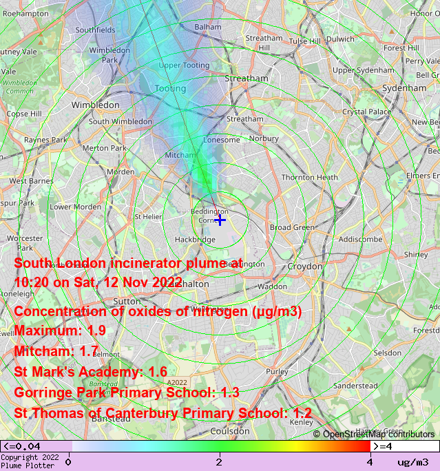 Latest South London incinerator plume plot, 10:20 12/11/22 #Mitcham #TootingGraveney #ColliersWood plumeplotter.com/southlondon/