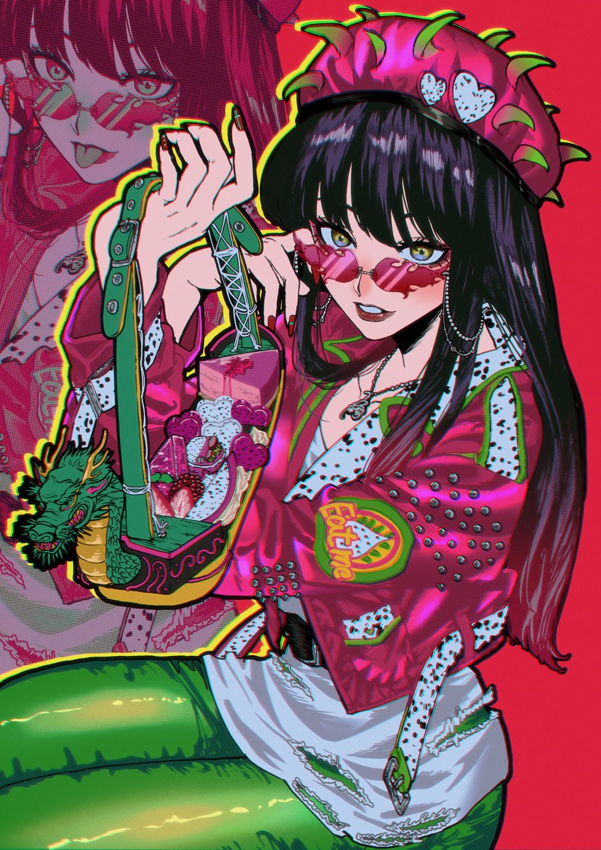 1girl black hair long hair jacket tinted eyewear looking over eyewear solo  illustration images