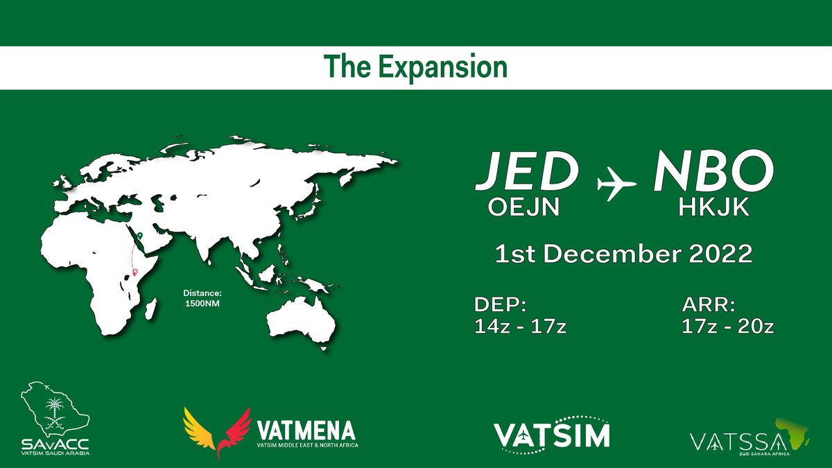 Join us at The Expansion event in collaboration with VATSIM South Africa division from Jeddah airport (OEJN) to Nairobi airport (HKJK) on the 1st of December 2022. Depart from OEJN between 14z and 17z to arrive at HKJK between 17z and 20z. 
vatsimsa.net/hq/