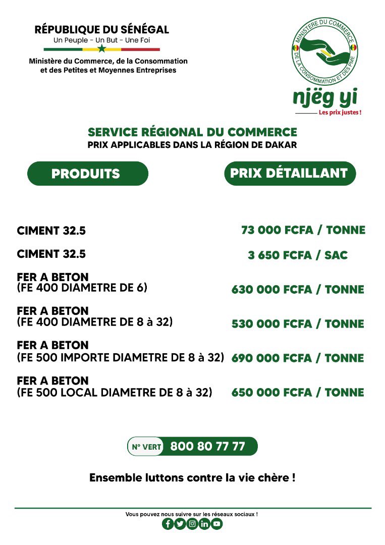 Service regional du commerce: Les prix applicables dans la région de Dakar