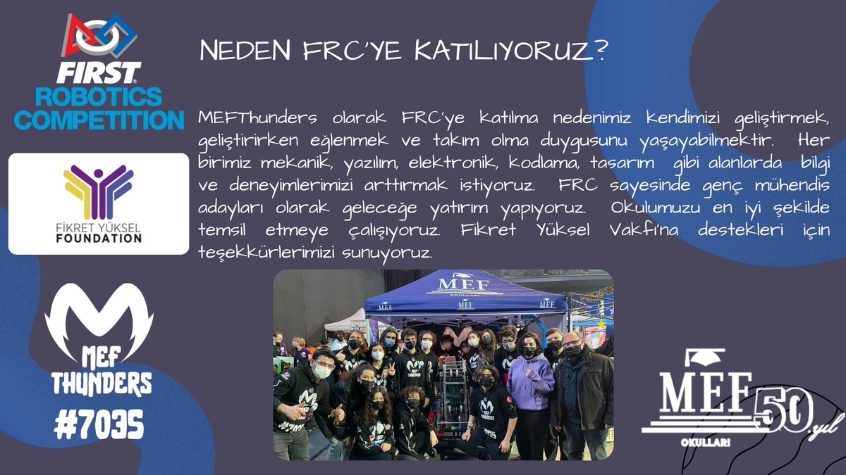 MEFThunders7035's tweet photo. FRC'ye Neden Katılıyoruz?
@fyukselfound #frcTurkey #fikretyukselfoundation #mefthunders #7035 #frc #mef https://t.co/Q1e1vggkf5