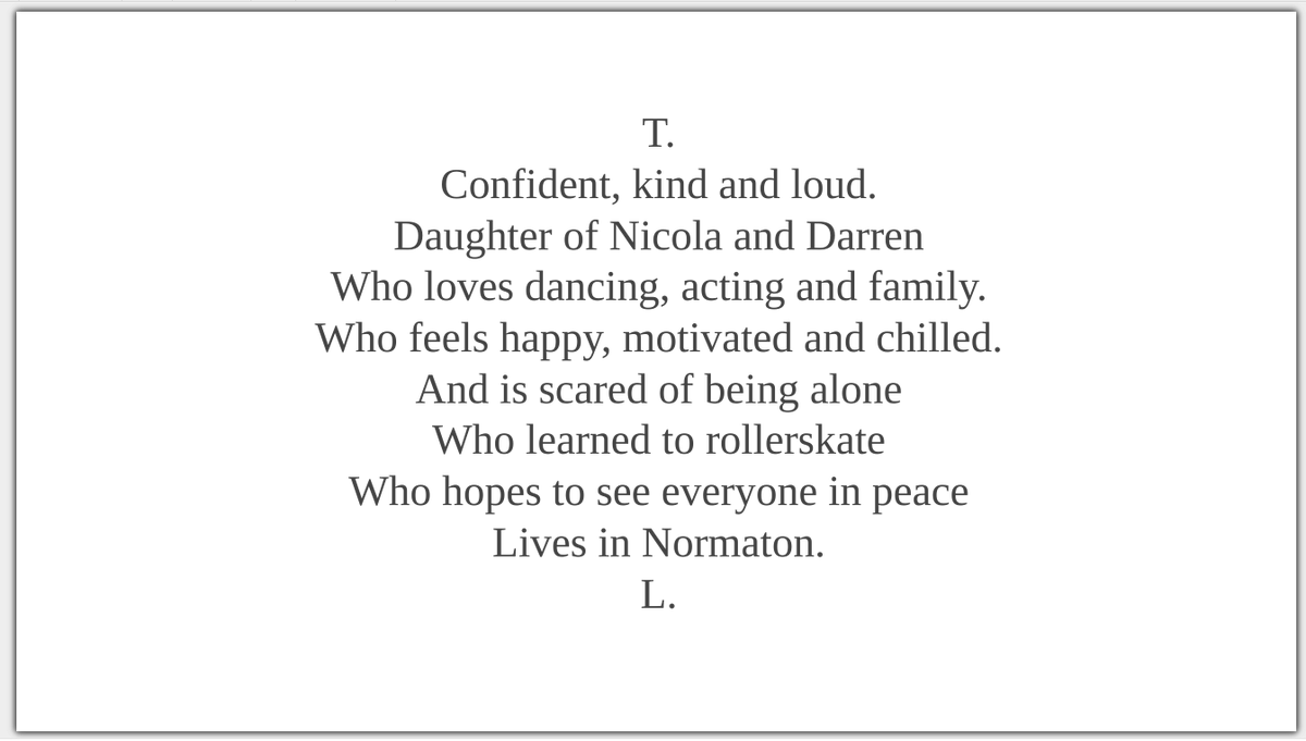 RWBAHolocaust's tweet photo. The self-reflection &amp; emotional literacy in these @OutwoodFreeston student #HtFMeUs #biopoems make their reading a privilege.

Whilst TL is scared of being alone, there is hope for everyone to see peace.
JB doesn't want to anger mum, but dreams of signing for SL Benfica! 5/7 https://t.co/fFp5kA2Sgr