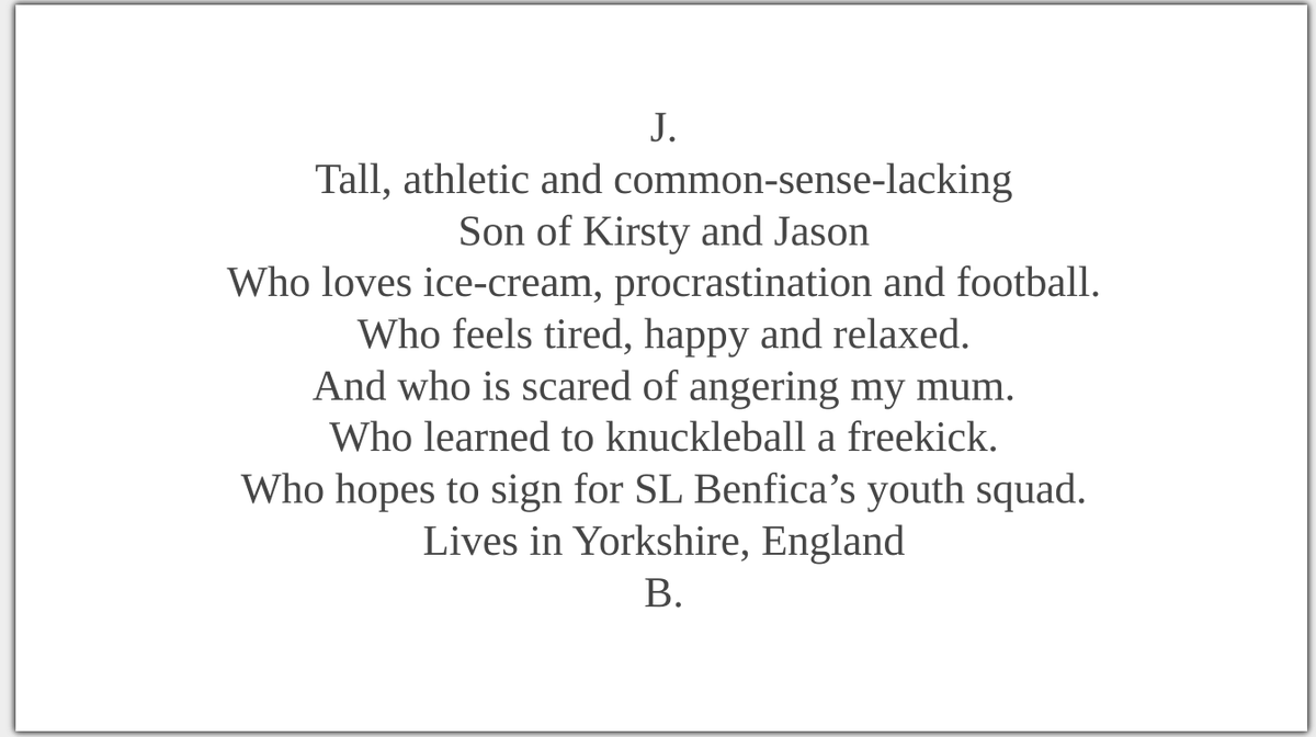 RWBAHolocaust's tweet photo. The self-reflection &amp; emotional literacy in these @OutwoodFreeston student #HtFMeUs #biopoems make their reading a privilege.

Whilst TL is scared of being alone, there is hope for everyone to see peace.
JB doesn't want to anger mum, but dreams of signing for SL Benfica! 5/7 https://t.co/fFp5kA2Sgr