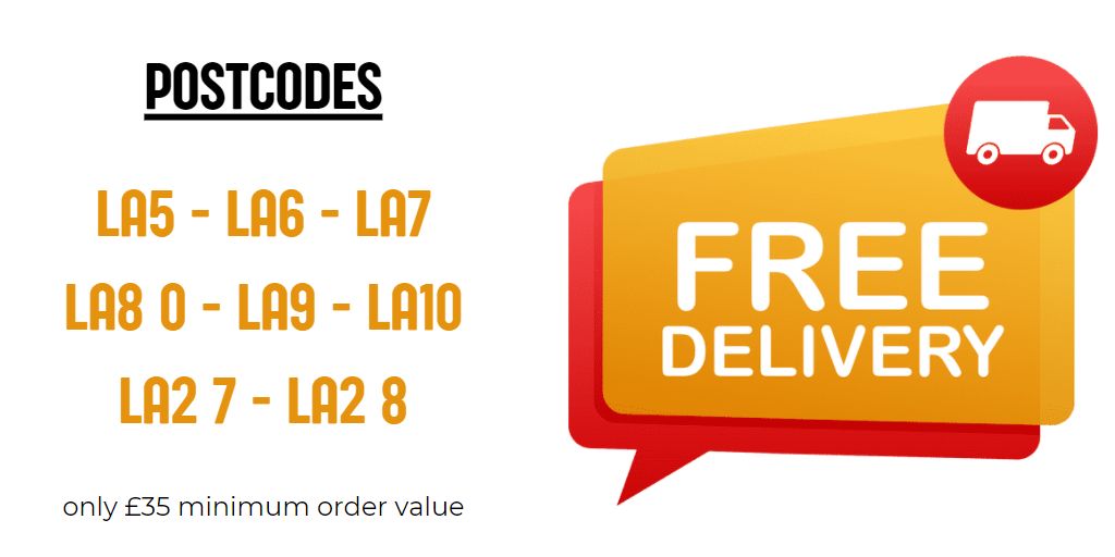 Quality produce delivered FREE right to your doorstep - minimum order only £35 (£100 minimum for UK wide delivery)!

Is your postcode on our FREE DELIVERY route? LA5 - LA6 - LA7 - LA8 0 - LA9 - LA10 - LA2 7 LA2 8 bit.ly/36YyZFj #Cumbria #Lancashire #NorthYorkshire