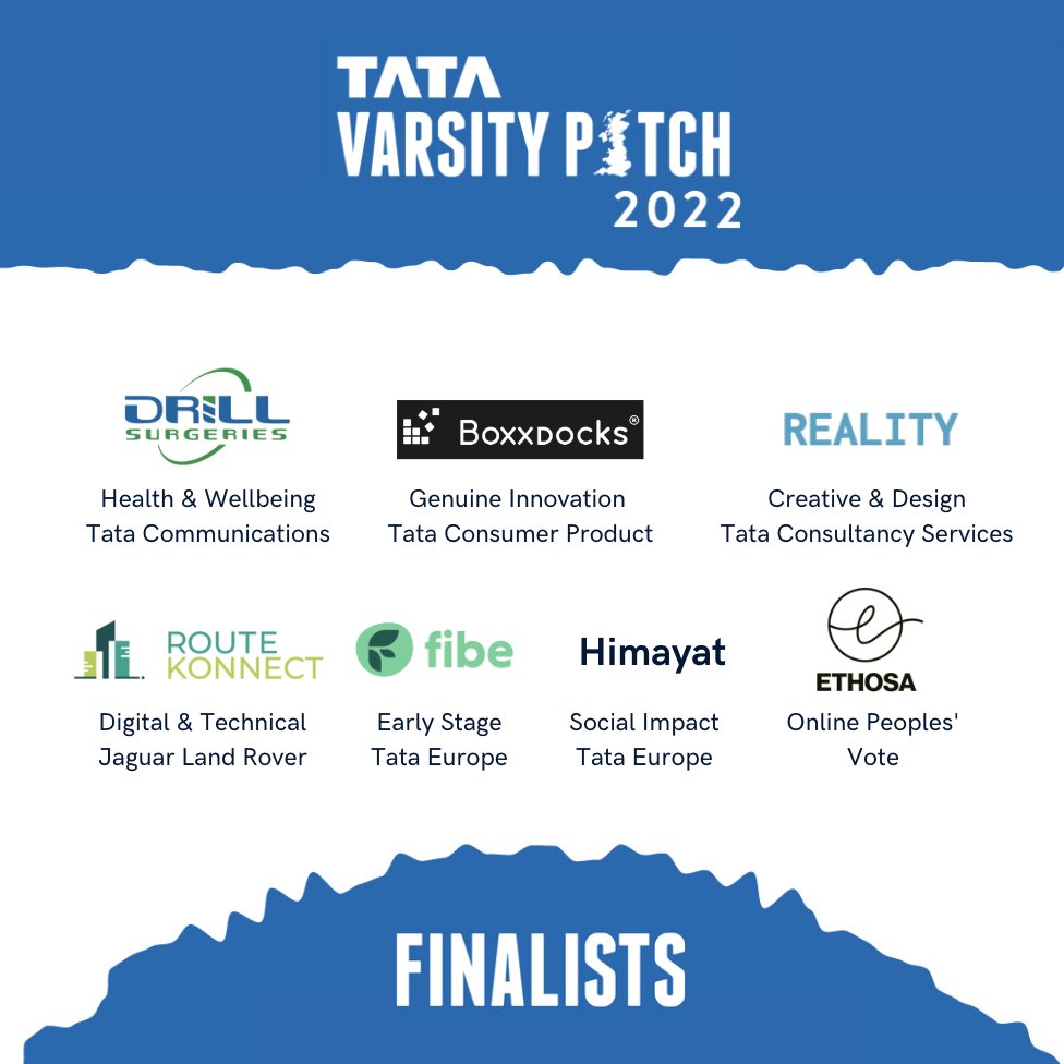 Our 7 @TataEurope #VP2022 Finalists are hard at work preparing to pitch-off at the Grand Final next week 👏 Check out their businesses below: 🩺 @DrillSurgeries 🚀 @BoxxDocks 🎨 Reality Footwear 🖥️ @RouteKonnect 💡@fibe_uk 🌍 Himayat 🗳️ Ethosa bit.ly/TVP2022