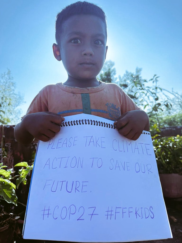 Dear Global leaders, Please take climate action to save our future.

#COP27    #KidsFirst #ClimateActionNow #PeopleNotProfit #LossAndDamage #FFFKids <a href="/fffasiankids/">Fridays For Future Asian kids</a> <a href="/fffus_kids/">Fridays For Future Kids</a>