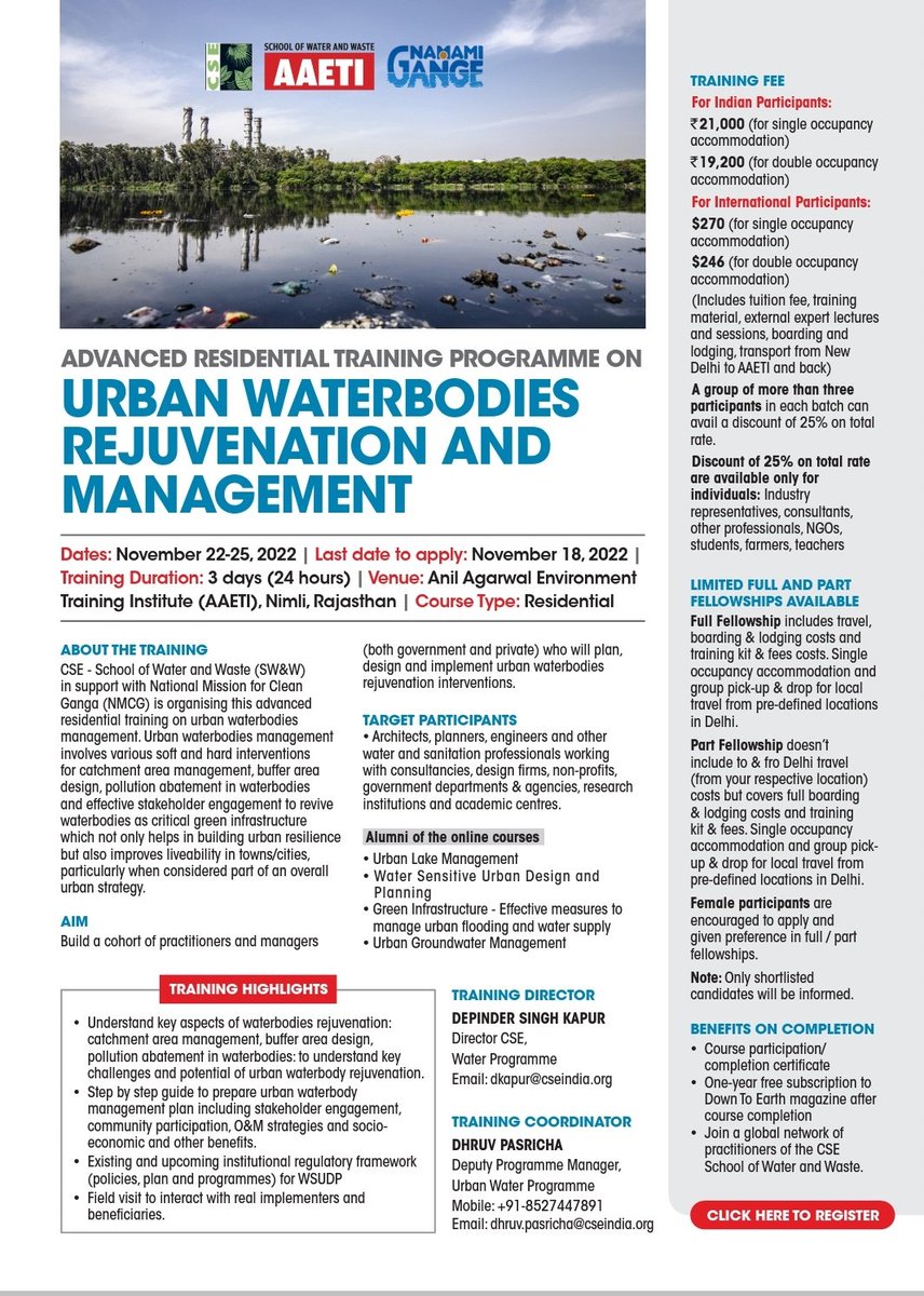 Importance of #waterbodies #rejuvenation and management has gained momentum with Government launched policy and programs. Join us for 3days residential #Training course at our state of the art training centre #AAETI from 22-25 Nov
Register here- shorturl.at/rsuVW