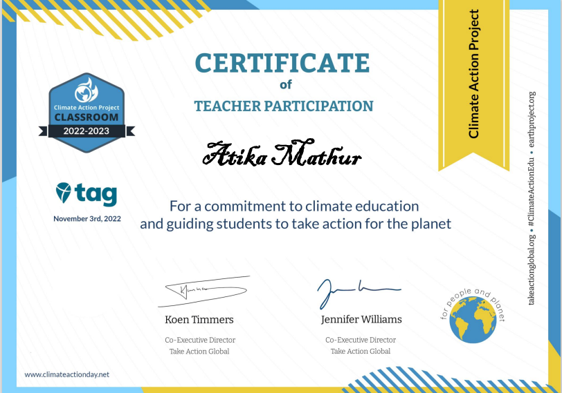 MathurAtika's tweet photo. Thank you koen &amp; Jennifer I  received my certificate .I'm glad the project was a success and I enjoyed being part of it." #ClimateAction 
@TakeActionEdu @adiba30 @ritikaoberoi70 @Kashkal87 @SunderPrabha @dpsshj @DadhwalVandana @mamataputta @anu https://t.co/IehQfsylOj