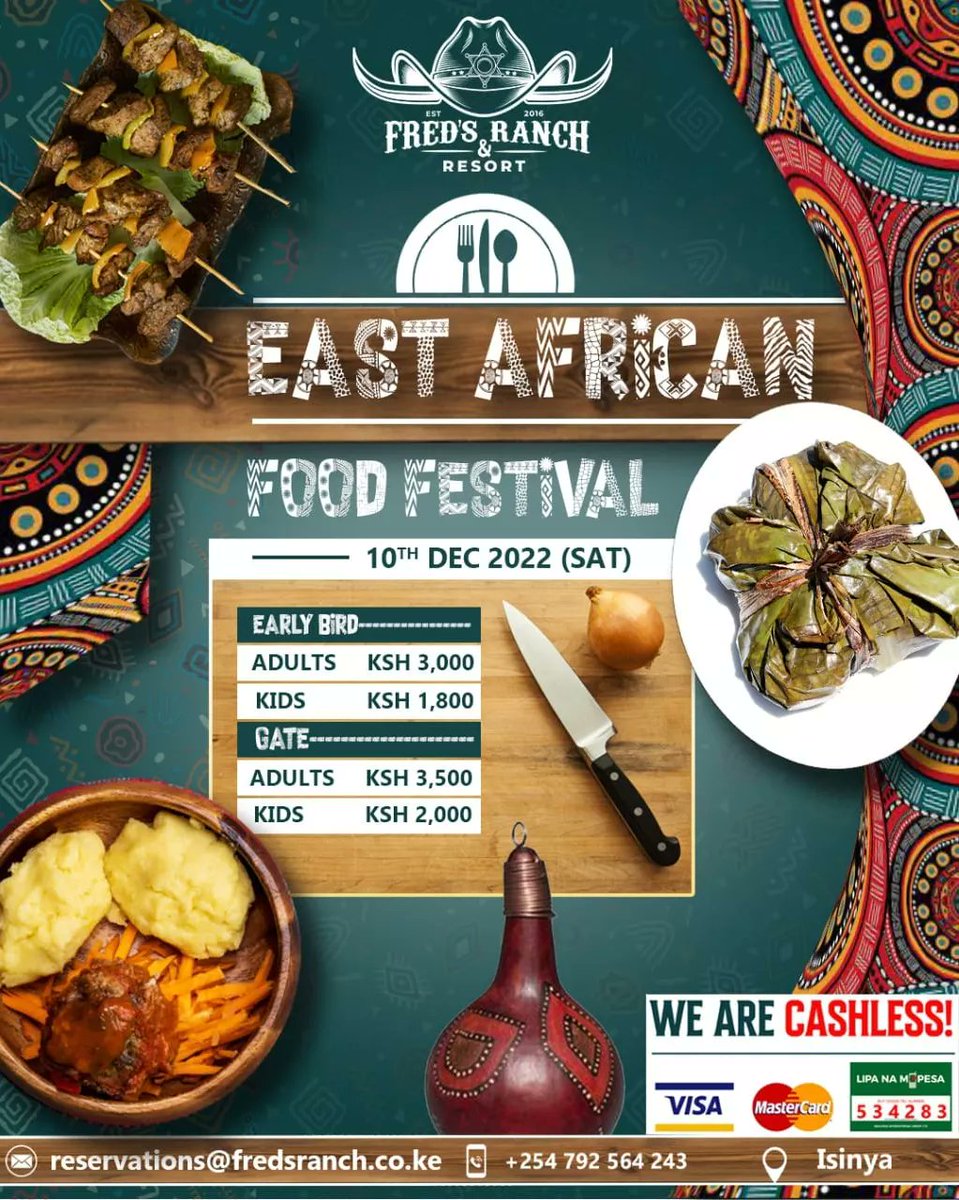 FredsRanch's tweet photo. Treat your taste buds to an African culinary journey at the East African Food Festival. Enjoy an exhibition of African flavors, music, fashion and dancing on *10th December from 12noon* till late. Take advantage of Early bird Tickets and Book your table with us on 0792564243. https://t.co/k722cnyqiv