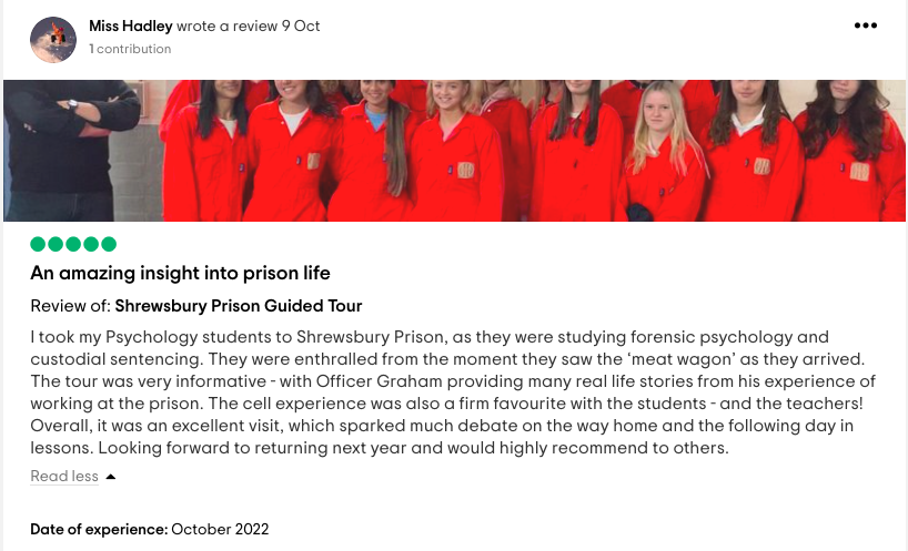 ShrewsburyPris's tweet photo. 🤓We have received a fantastic @Tripadvisor review from the Head of Psychology at @BirkenheadSchl🤓
One of our Prison Officers' favourite tours to hold are Educational Visits!
What have you learnt on one of our tours? 🤔 https://t.co/4ql4QyHHxo