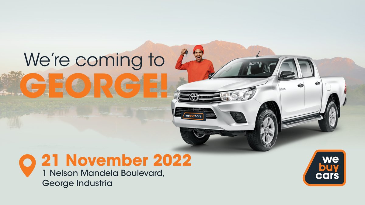 WeBuyCars_SA's tweet photo. Listen up, George! Our new George branch is opening soon. Visit our newest #WeBuyCars branch on the 21st of November 2022! 
📍1 Nelson Mandela Boulevard, George Industria.
#ClickYourNext https://t.co/HDVgABK8cQ