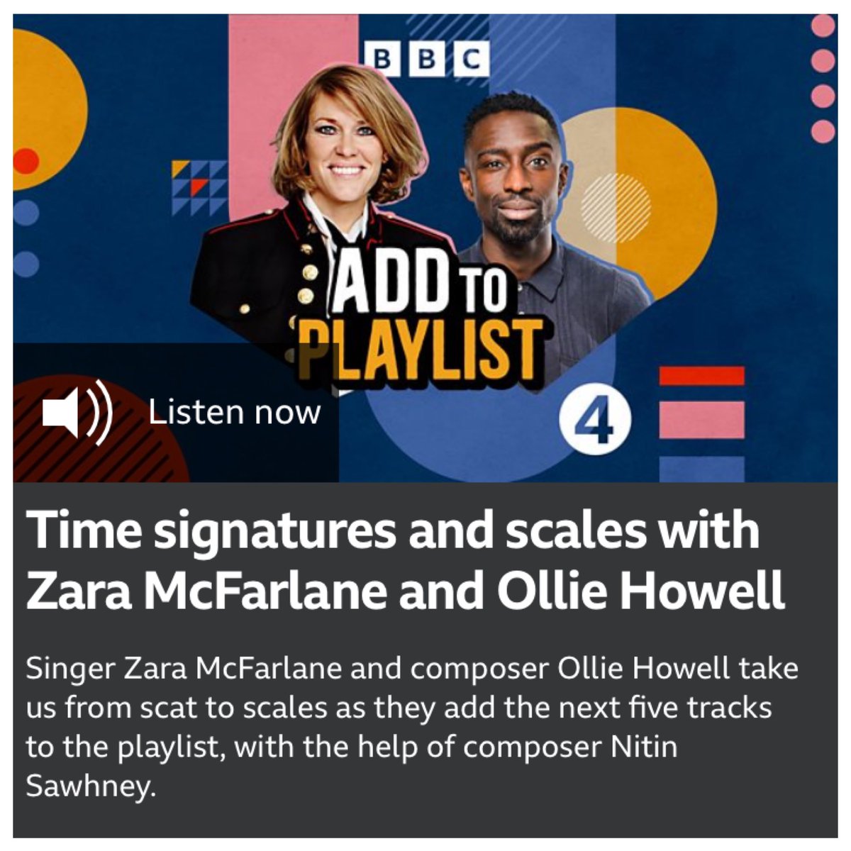 Had such a great time chatting to <a href="/cerysmatthews/">Cerys Matthews</a> <a href="/jeffreykboakye/">Jeffrey Boakye</a> <a href="/zaramcfarlane/">Zara McFarlane</a> &amp; <a href="/thenitinsawhney/">Nitin Sawhney</a> for <a href="/BBCRadio4/">BBC Radio 4</a> ‘s #addtoplaylist ! Listen again here: bbc.co.uk/programmes/m00…
