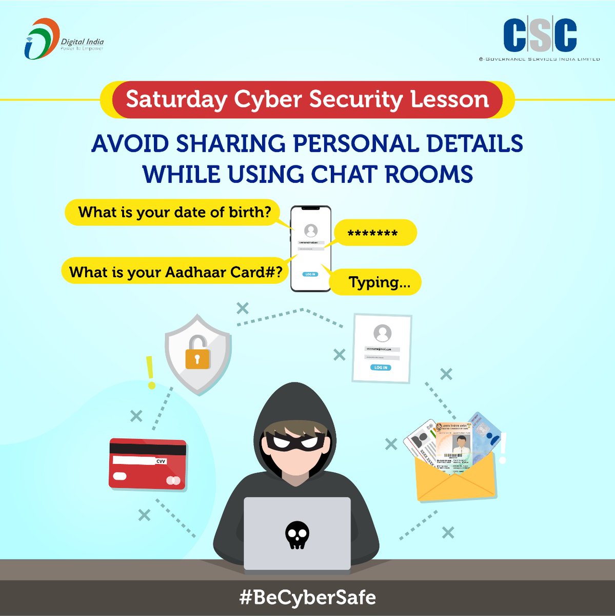 CSCegov_'s tweet photo. Saturday CyberSecurity Lesson!!
Never share your personal details anywhere with anyone!! Your safety is in your hands...
#CSC #DigitalIndia #RuralEmpowerment #SaturdayCyberSecurityLesson #CyberSecurity https://t.co/LSw8oyEiSs