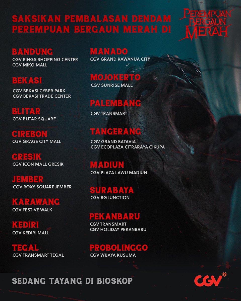 frontierpicture's tweet photo. Buat yang belum nonton Perempuan Bergaun Merah, cek list bioskop ini ya.

Selamat menonton 😊

#PerempuanBergaunMerah https://t.co/nLiUDBnJGD