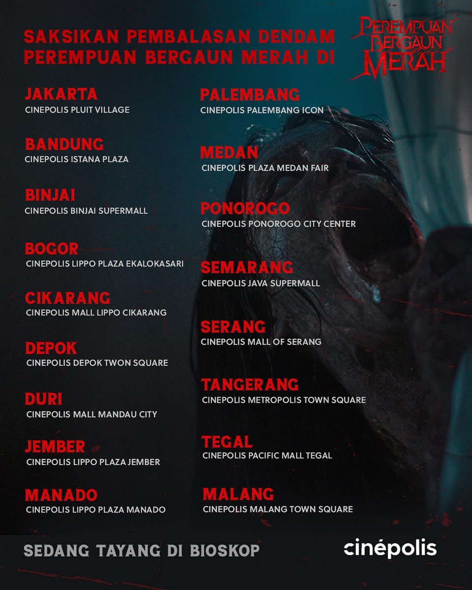 BergaunMerah's tweet photo. Buat yang belum nonton Perempuan Bergaun Merah, cek list bioskop ini ya.

Selamat menonton 😊

#PerempuanBergaunMerah https://t.co/XrvsDssWhE