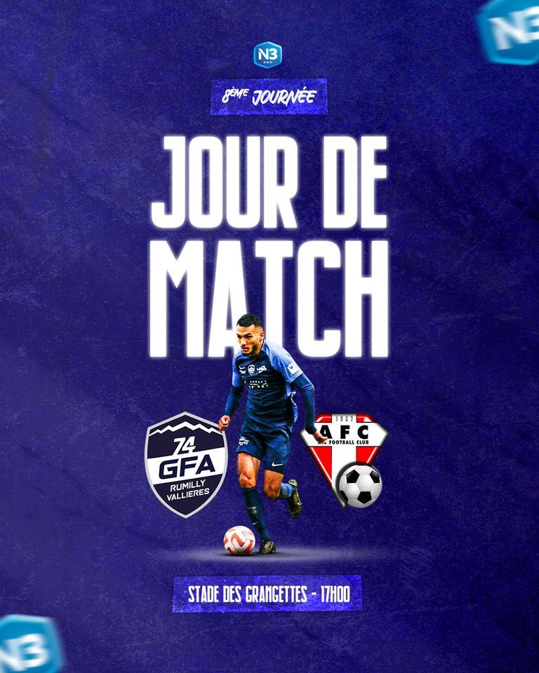 🔥 | 𝐉𝐎𝐔𝐑 𝐃𝐄 𝐌𝐀𝐓𝐂𝐇
🏆 | National 3 - Journée 8
⚔️ | Aix Football Club
⌚️ | Samedi 12 novembre - 17h
📍 | Stade des Grangettes - Rumilly 
📱 | Live match en story