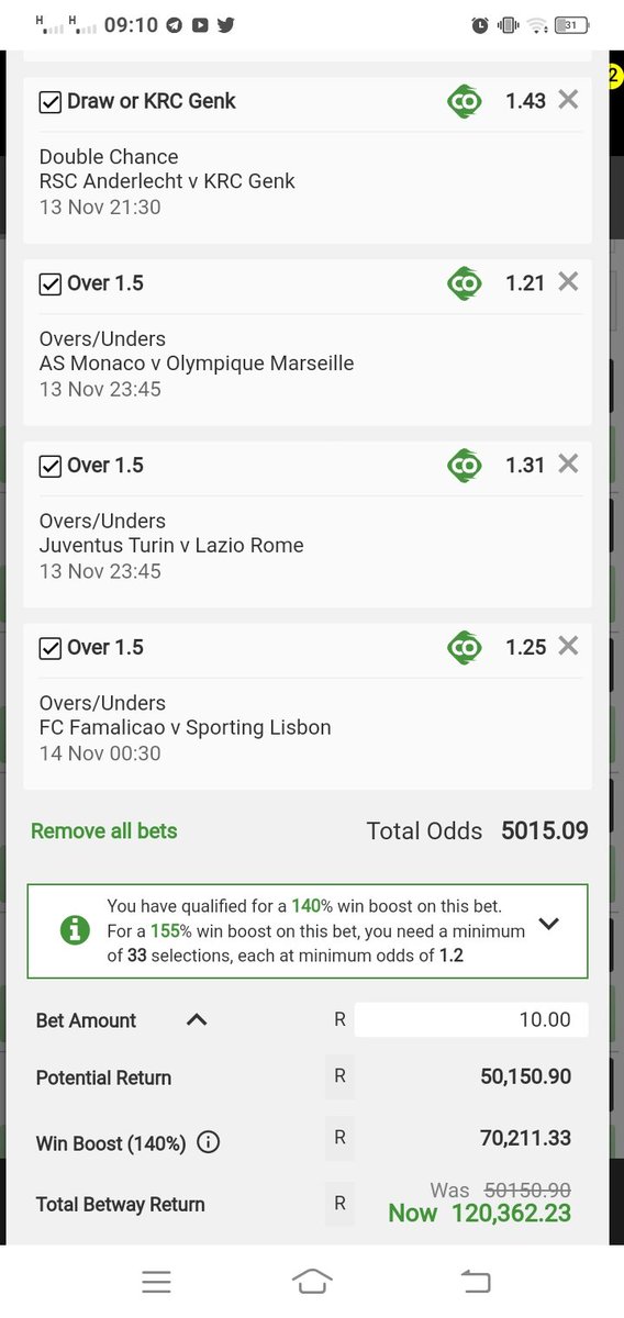 Betting_gurru's tweet photo. Here's the 5015 odds I promised

I WILL FOLLOW EVERYONE WHO RETWEETS

I will edit this slip and share it with my VIP Group. It's ONLY R100 ONCEOFF to join my VIP Group. DM me if you wanna join my VIP Group. 

Code: U170AA731 https://t.co/m8l5sbrYkp https://t.co/jZqu9xqzDX