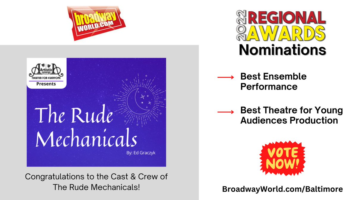 ArtisticSynergy's tweet photo. We are thrilled to be nominated for several @BroadwayWorld Baltimore categories! Thank you to everyone who nominated us. We hope you also vote for us and our ASOB President, @mistybroy1! Vote here: https://t.co/1XGLHMDuk3 #theatre #theater https://t.co/wR6bmxQBVk