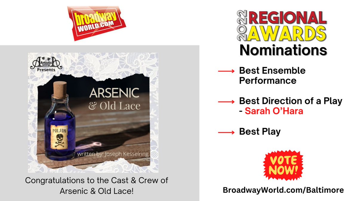 ArtisticSynergy's tweet photo. We are thrilled to be nominated for several @BroadwayWorld Baltimore categories! Thank you to everyone who nominated us. We hope you also vote for us and our ASOB President, @mistybroy1! Vote here: https://t.co/1XGLHMDuk3 #theatre #theater https://t.co/wR6bmxQBVk