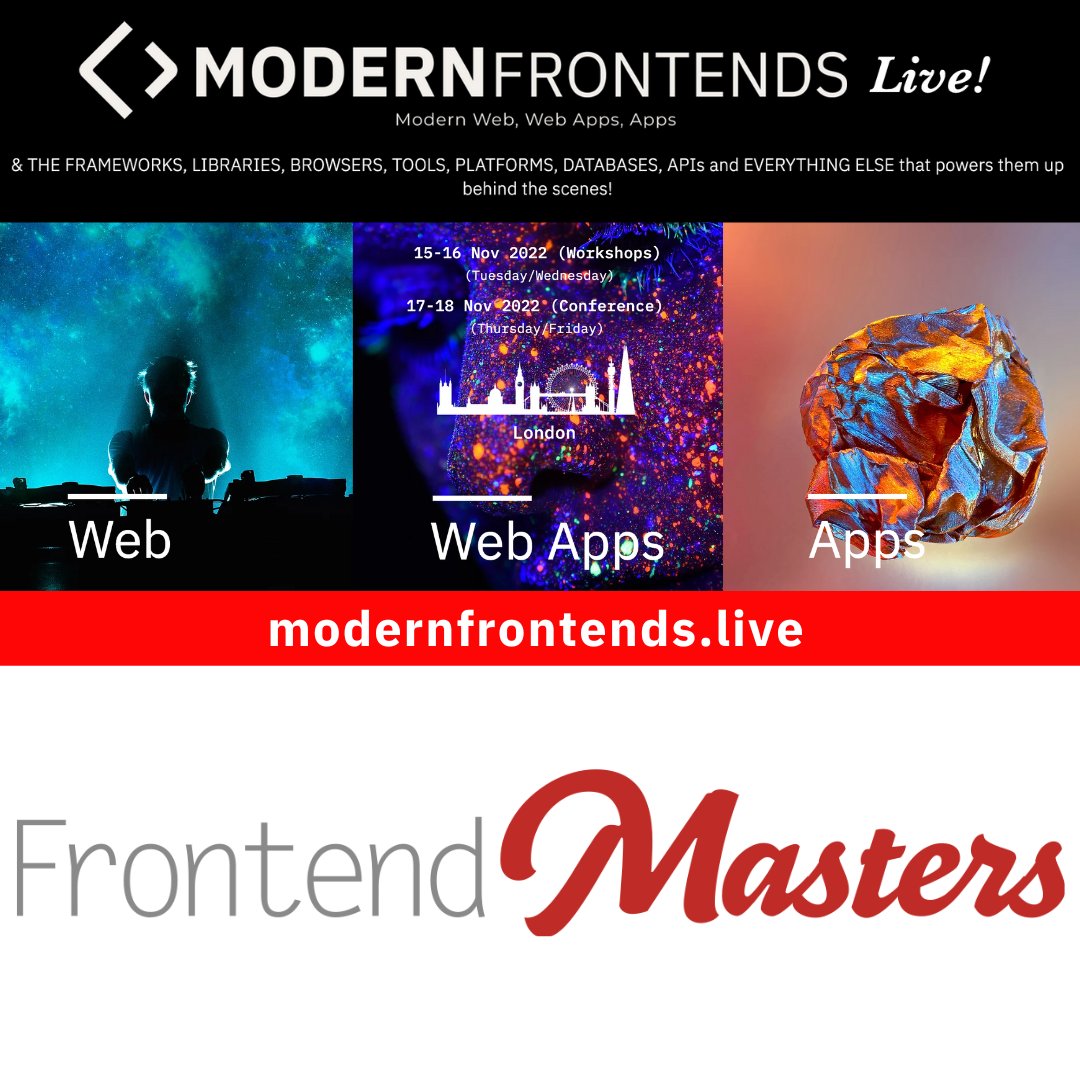 ModernFrontends's tweet image. We are happy to have @FrontendMasters covered at @modernfrontends by @kentcdodds

Catch his talk &quot;The Web&apos;s Next Transition&quot;

🎟️ modernfrontends.live
📆 Nov 15-16 (Workshops)
📆 Nov 17-18 (Conf)
🌍 London

See you there!