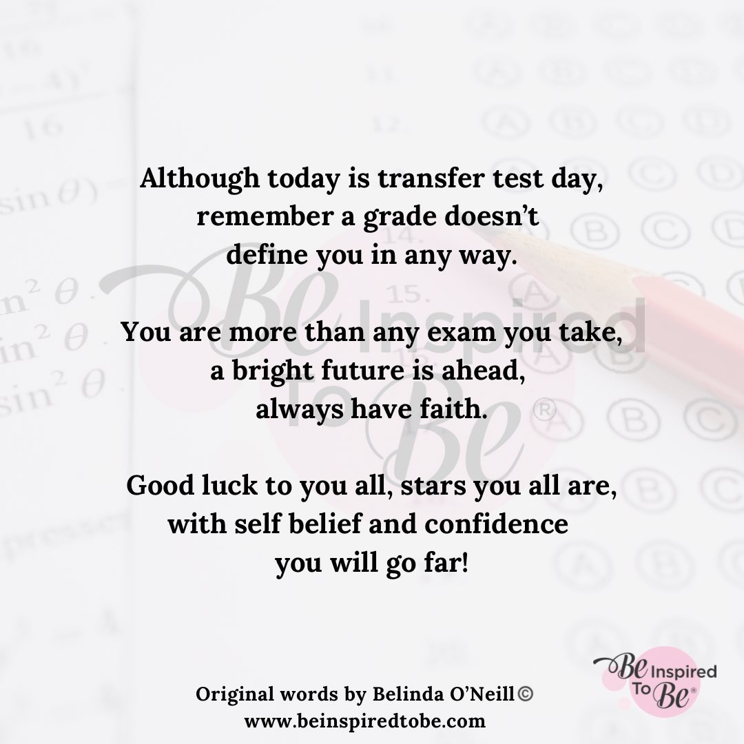 ~ Transfer Test Day ~

To all the P7’s sitting the transfer test today, your best is always more than enough.

Be Inspired To Be,
Belinda 🤍

#transfertest #test #goodluck