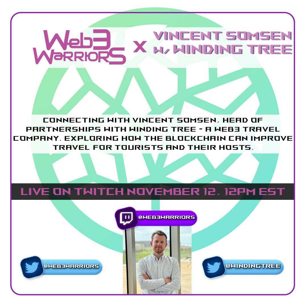 GM ☀️
🎙️ Join us for Episode 41 ft. Vincent Somsen from <a href="/WindingTree/">Vy Dao</a> - a #web3 travel company! We'll be talking about outside-the-box use cases for #NFTs and taking a look at how the #blockchain can impact the travel industry. Follow here👉🏾twitch.tv/web3warriors #NFTCommunity.