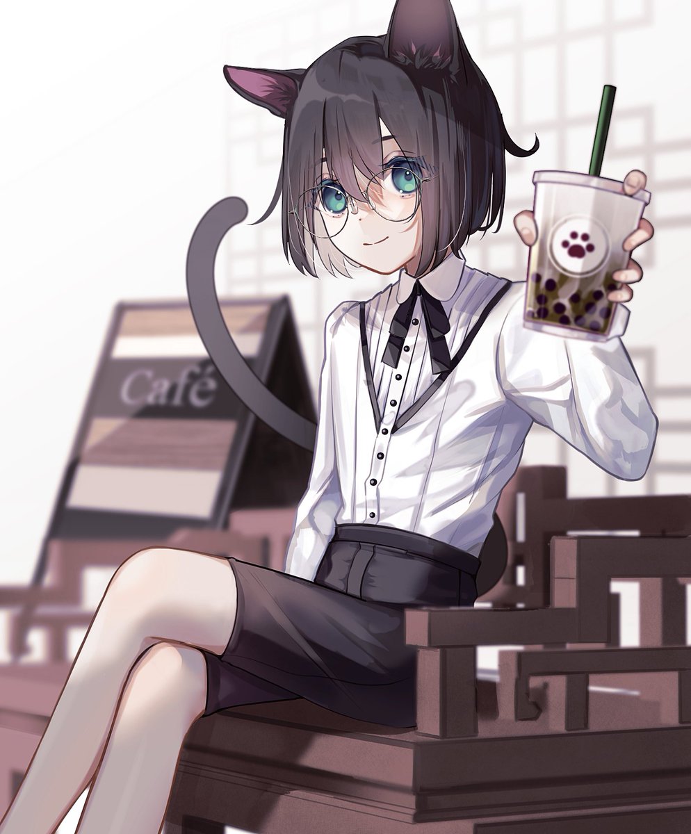 animal ears cat ears solo tail shirt cat tail bubble tea  illustration images